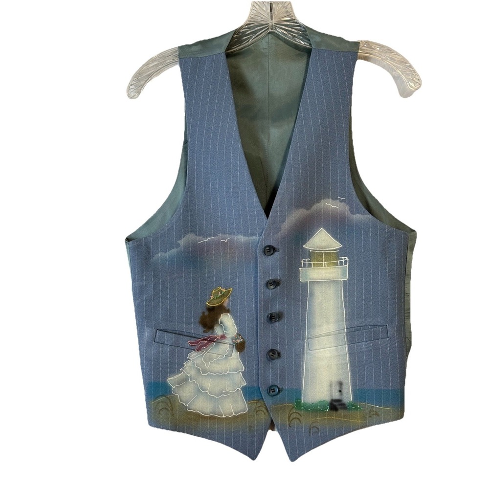 VTG Gray Vest Hand painted &‎ Airbrushed Victorian Lady Lighthouse Coquette Sz S
